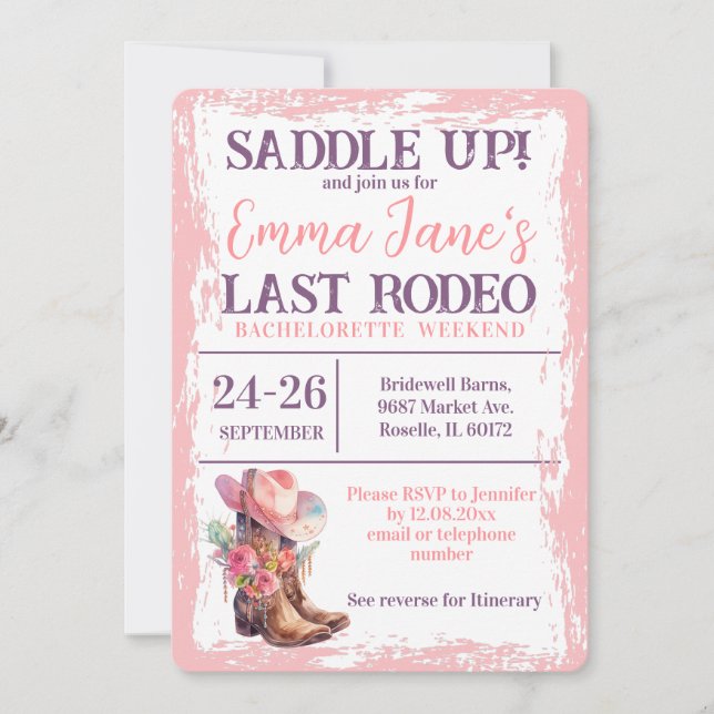 Cowgirl Last Rodeo Rosa Bachelorette Helg Inbjudningar (Framsida)