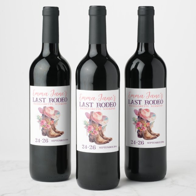 Cowgirl Last Rodeo Rosa Bachelorette Vinflaska Etikett (Flaskor)