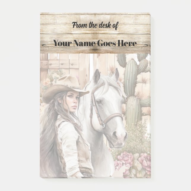 Cowgirl med blommigt för hästhandlings-cactus post-it block (Framsida)