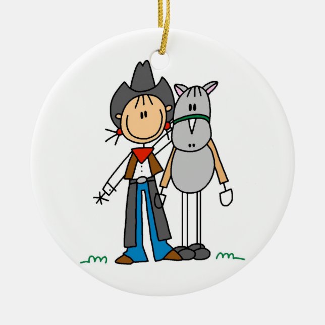 Cowgirl med hästT-tröja och gåvor Julgransprydnad Keramik (Framsidan)