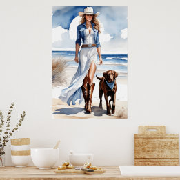 Cowgirl med Hund Watercolor Poster