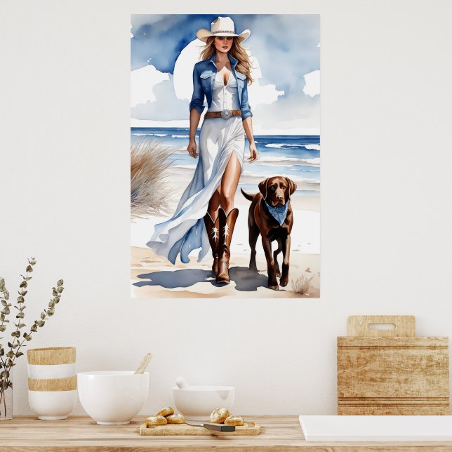 Cowgirl med Hund Watercolor Poster (Kök)