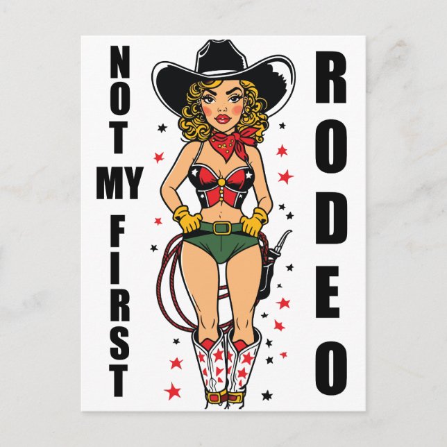 Cowgirl med offert, inte min första rodeo vykort (Framsida)