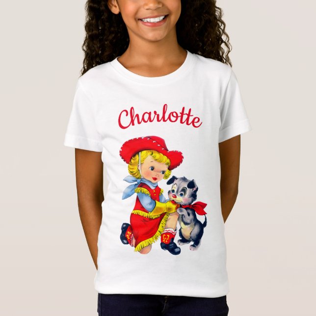 Cowgirl med söt hund personlig namn tjej T-Shi T Shirt (Framsida)