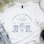 Cowgirl Nautical Western Bachelorette T Shirt<br><div class="desc">personlig Kustcowgirl bachelorette Party tshirts in light blue and white with cowboystövlar och seashells är perfekt som roligt, modernt och vintage bachelorette-partitema. Personlig med ditt namn och sloganerna "kustcowgirl" och "last rodeo". Fira din möhippa i stil med temat för den westerna party-stranden vid perfekten, perfekten för hästälskaren, landet för vintage,...</div>
