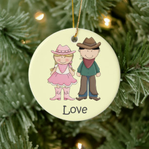 Cowgirl och Cowboy i Kärlek Julgransprydnad Keramik