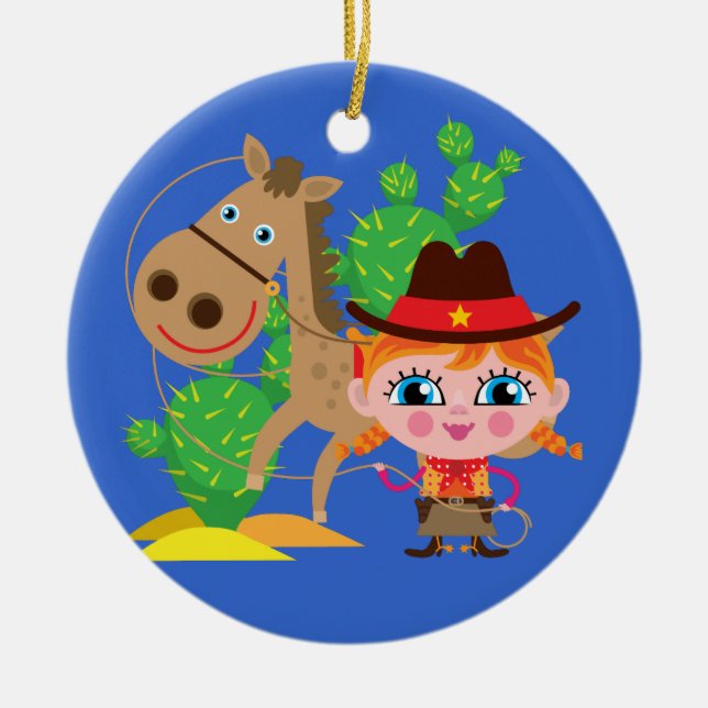 Cowgirl och häst julgransprydnad keramik (Framsidan)