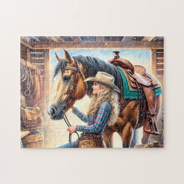 Cowgirl och häst Rustik västlig lada Pussel (Horisontell)