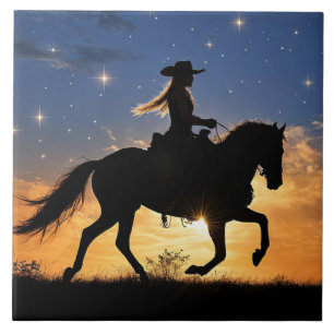 Cowgirl och häst solnedgång fantasi country wester kakelplatta