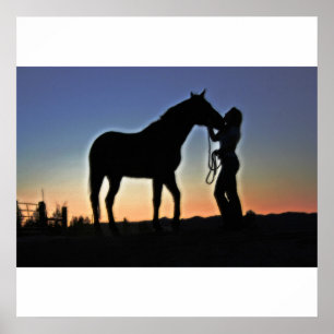 Cowgirl- och hästsolnedgång poster