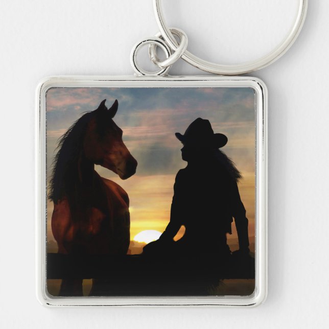Cowgirl och Horse Keychain Fyrkantig Silverfärgad Nyckelring (Framsidan)
