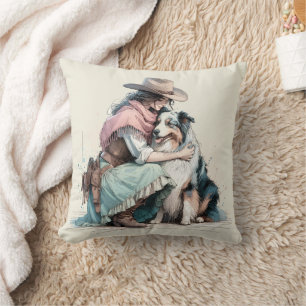 Cowgirl Och Hund Pastell Watercolor Kudde