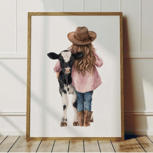 Cowgirl och ko affisch Barn västerländsk rumsdekor