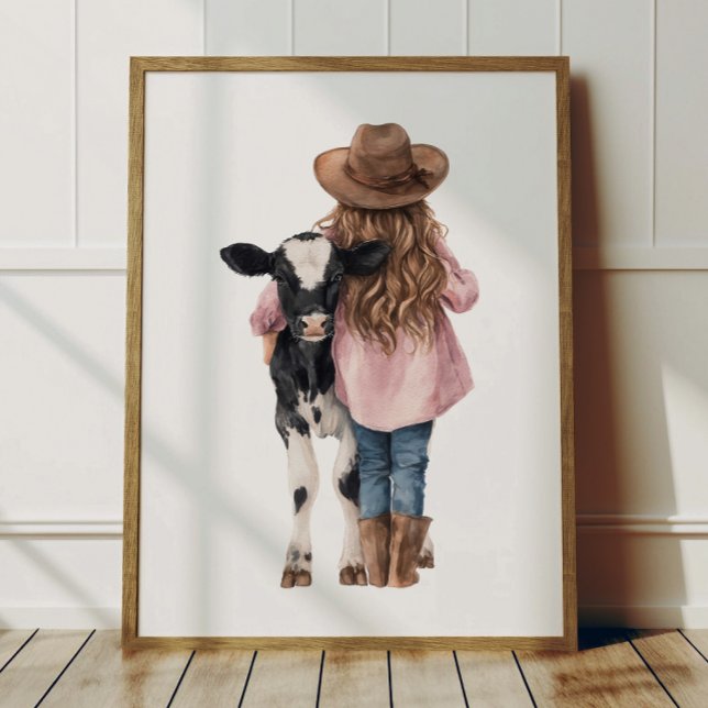 Cowgirl och ko affisch Barn västerländsk rumsdekor (Skapare uppladdad)