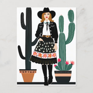 Cowgirl och Poted Cactus Plants Vykort