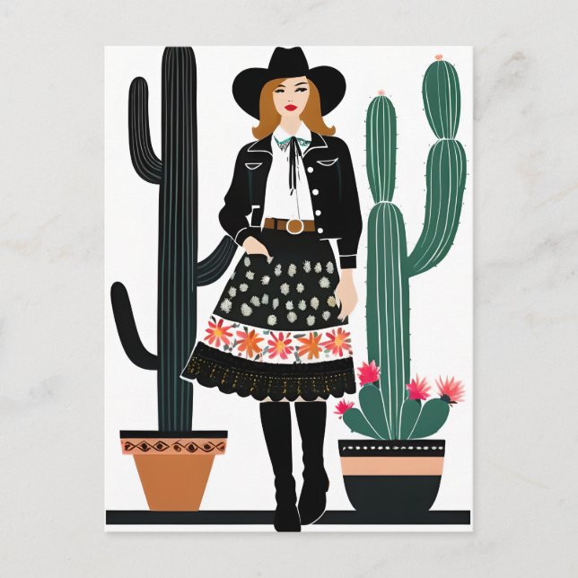 Cowgirl och Poted Cactus Plants Vykort (Framsida)
