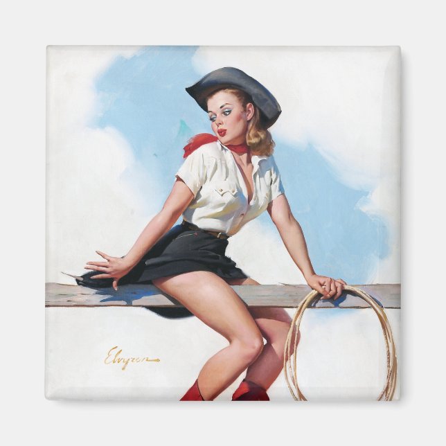 Cowgirl on Fence Pin Up Magnet (Framsidan)