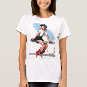 Cowgirl on Fence Pin Up T Shirt