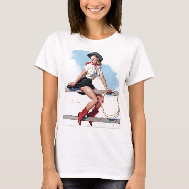 Cowgirl on Fence Pin Up T Shirt (Framsida)
