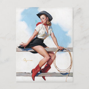 Cowgirl on Fence Pin Up Vykort