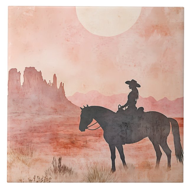 Cowgirl on Horse Southwestern Sunset Scene Kakelplatta (Framsidan)