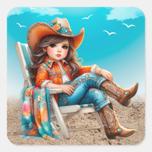 Cowgirl på Beach Girl Födelsedagsfest Fyrkantigt Klistermärke