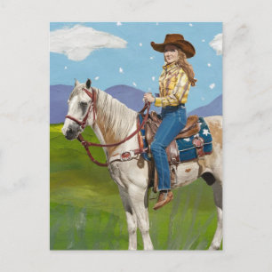Cowgirl på en häst vykort