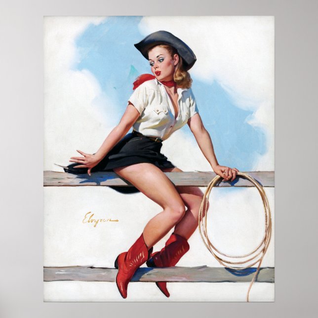 Cowgirl på Fence Vintage Pin Up Poster (Framsidan)