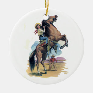 Cowgirl på häst julgransprydnad keramik