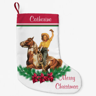 Cowgirl på häst med krangod jul liten julstrumpa