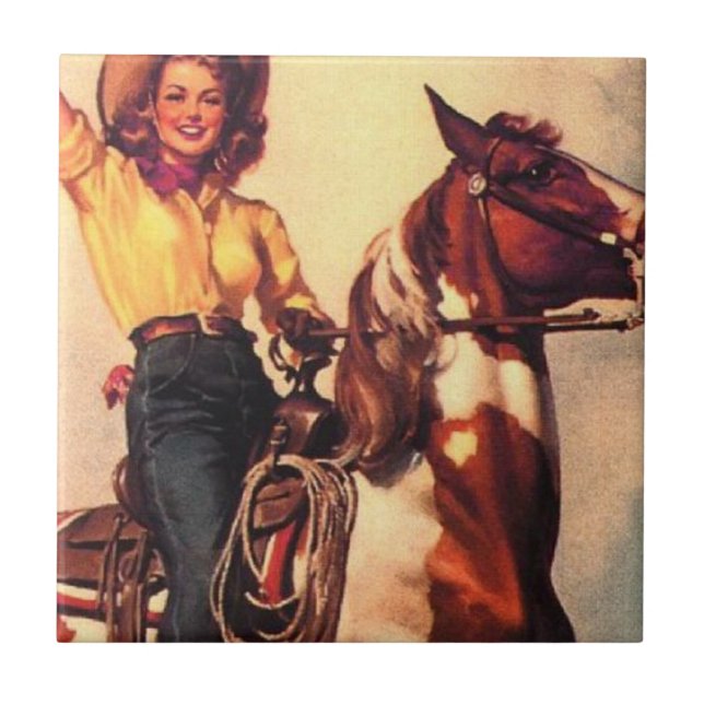 Cowgirl på henne häst kakelplatta (Framsidan)