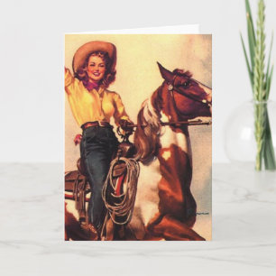 Cowgirl på henne häst kort