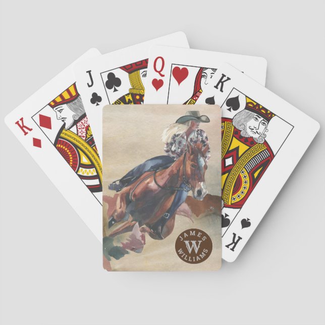Cowgirl på Horseback Monogram Namn Western Casinokort (Baksidan)