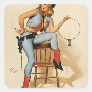 Cowgirl Pin-up Girl Fyrkantigt Klistermärke