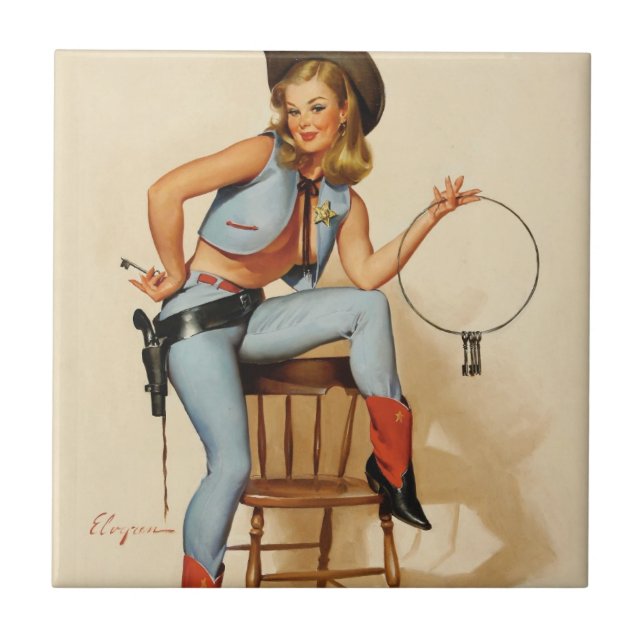 Cowgirl Pin-up Girl Kakelplatta (Framsidan)