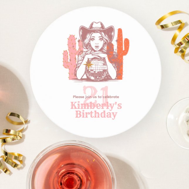 Cowgirl Pink Country Disco 21st Birthday Party Underlägg Papper Rund (Skapare uppladdad)