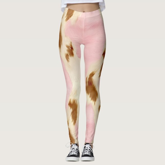 Cowgirl Pink Cream Brown Cowhide  Leggings (Framsida)