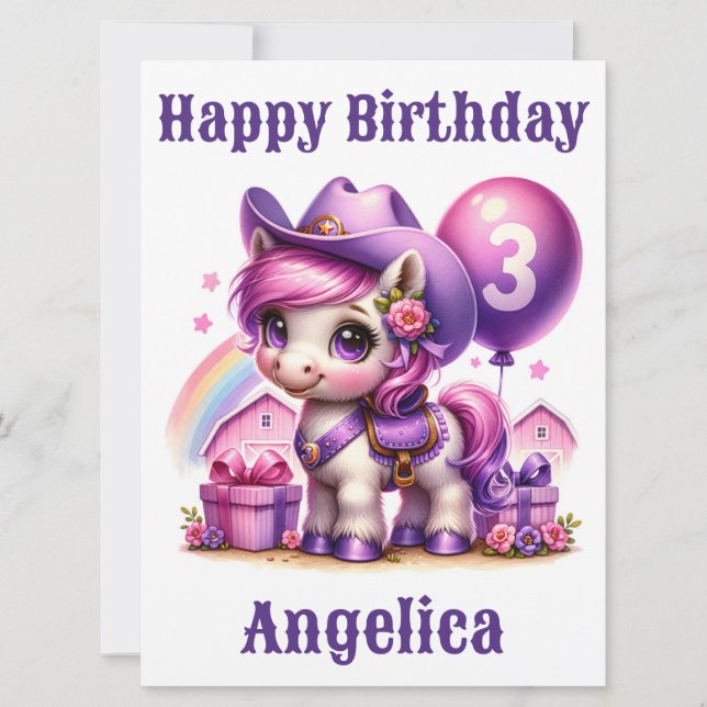 Cowgirl Pony 3-Year-Old Birthday Card (Framsida)