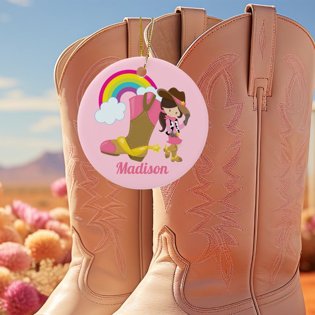 Cowgirl Rainbow Söt Rosa Monogram Kids Anpassnings Julgransprydnad Keramik (Skapare uppladdad)