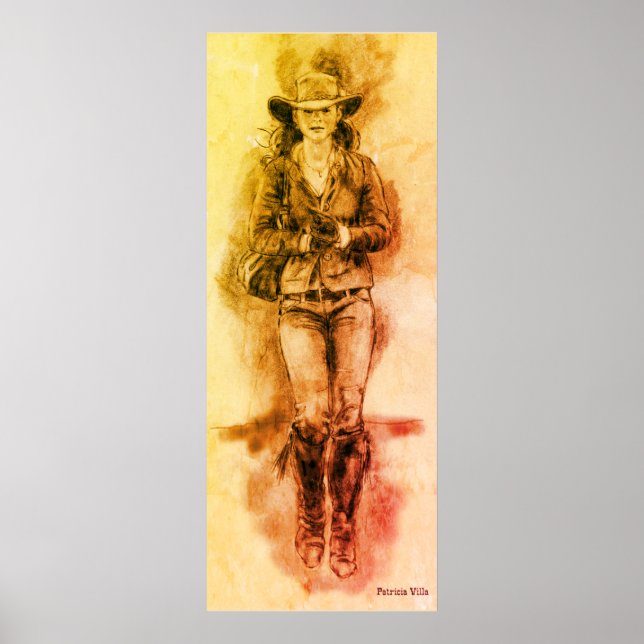 Cowgirl Realistic Teckning Jeans Hat Boots Poster (Framsidan)