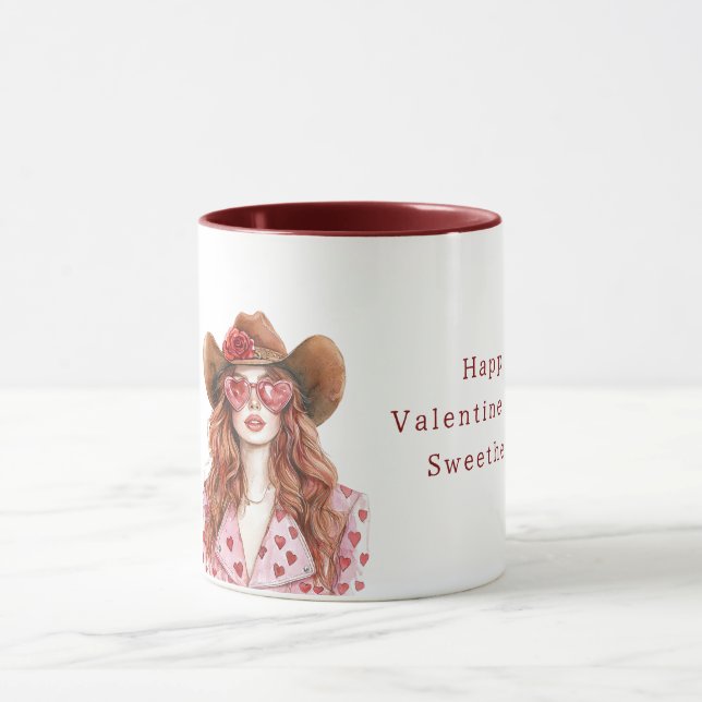 Cowgirl Red Hair Pink Hearts Valentine's Day Mugg (Center)