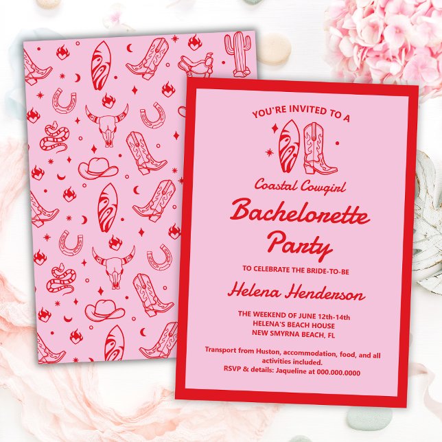 Cowgirl Red & Rosa Bachelorette Helg Inbjudningar (Coastal Cowgirl Red & Pink Bachelorette Weekend Invitation
)