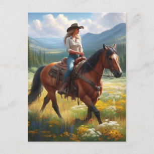 Cowgirl ridande häst genom vildblommor vykort