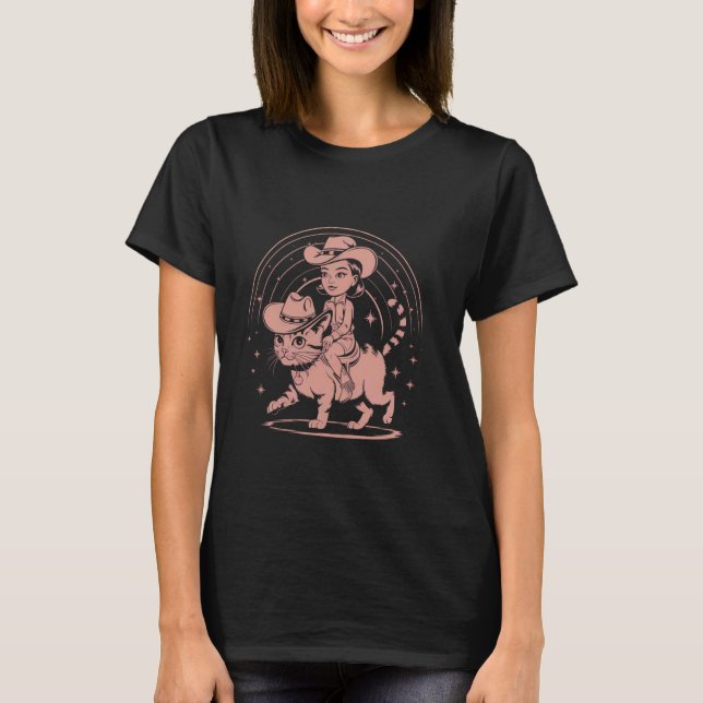 Cowgirl Ridande Katt T Shirt (Framsida)