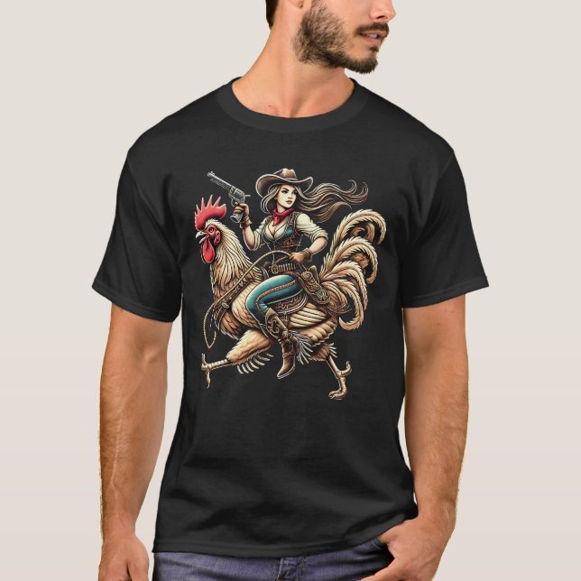 Cowgirl Riding Chicken Rooster Lover Vintage T Shirt (Framsida)