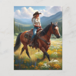Cowgirl Riding Horse genom Wildblommor Postcard Vykort