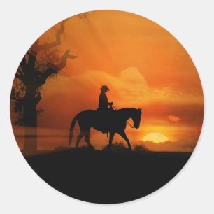Cowgirl Riding in Sunset Sticker Runt Klistermärke