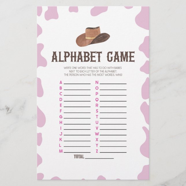 Cowgirl Rodeo Westernt Alphabet Baby Shower-spel Brevpapper (Framsida)