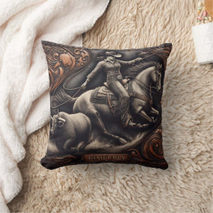 Cowgirl Roping a Steer in Vintage Rodeo Artwork Kudde