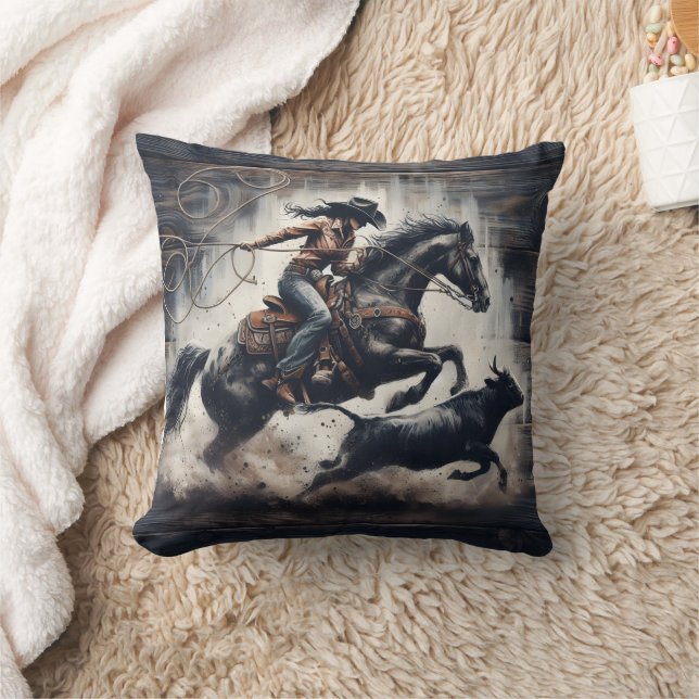 Cowgirl Roping Cattle at a Exciting Rodeo Kudde (Filt)